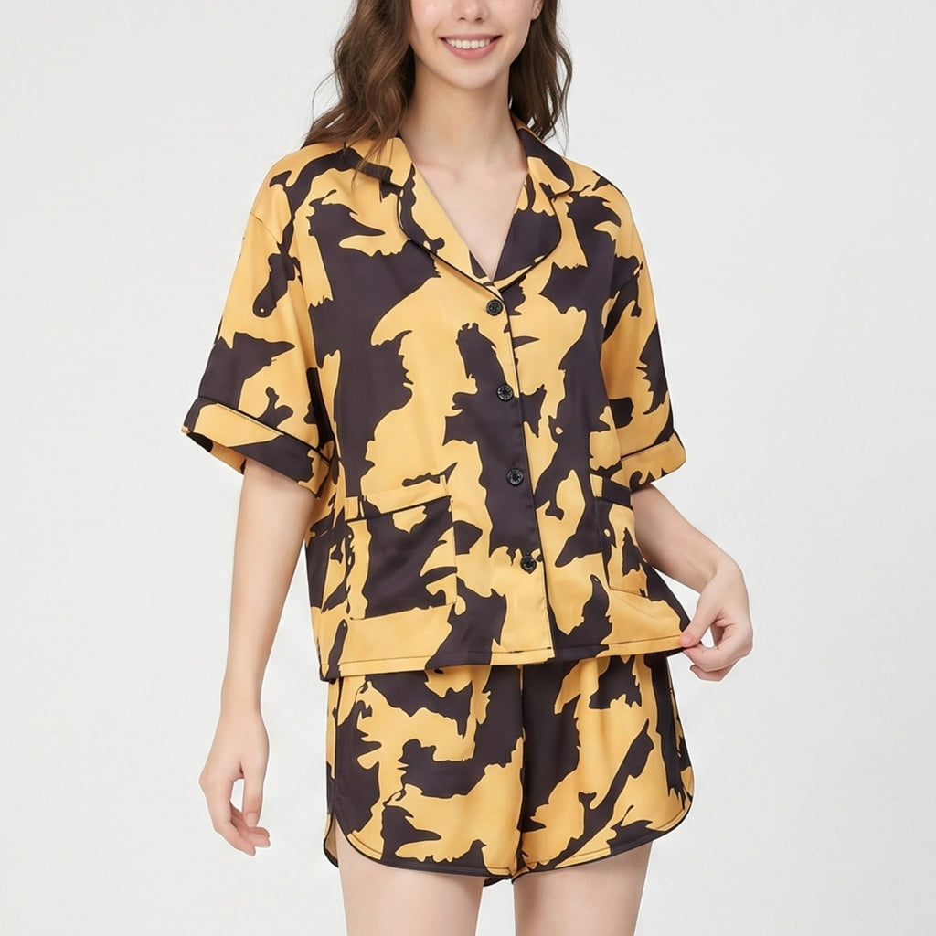 Anna-Kaci Lounge Women's 2-Piece Abstract Print Short Pajama Set with Button Front Top and Matching Shorts