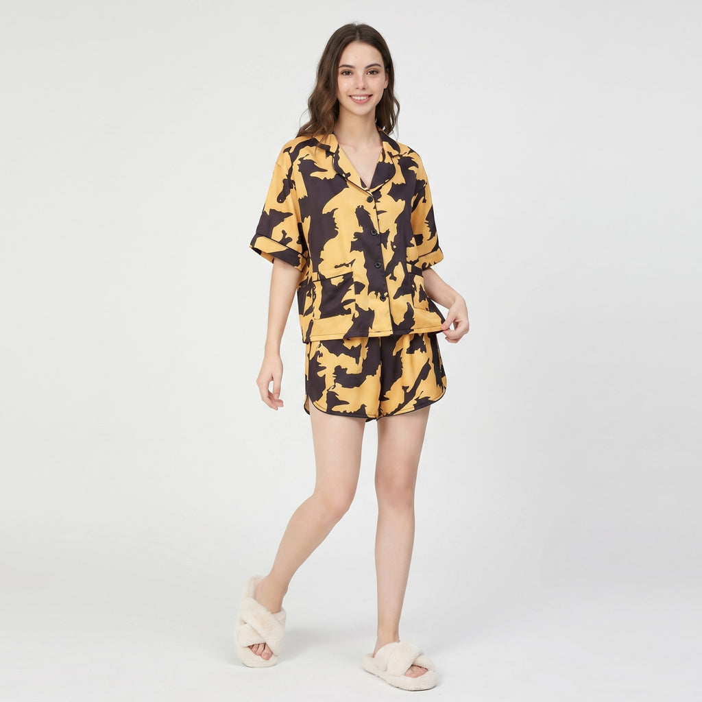 Anna-Kaci Lounge Women's 2-Piece Abstract Print Short Pajama Set with Button Front Top and Matching Shorts