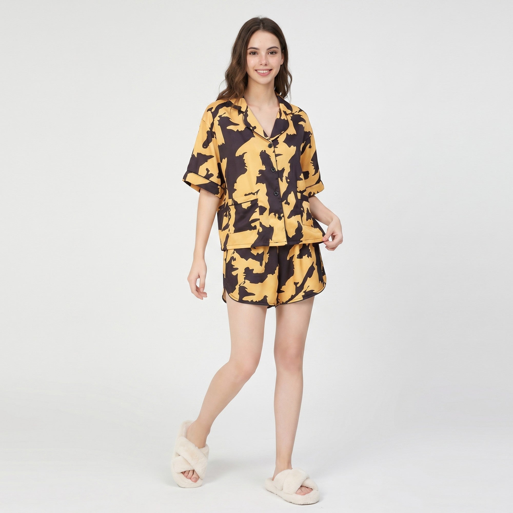 Anna-Kaci Lounge Women's 2-Piece Abstract Print Short Pajama Set with Button Front Top and Matching Shorts