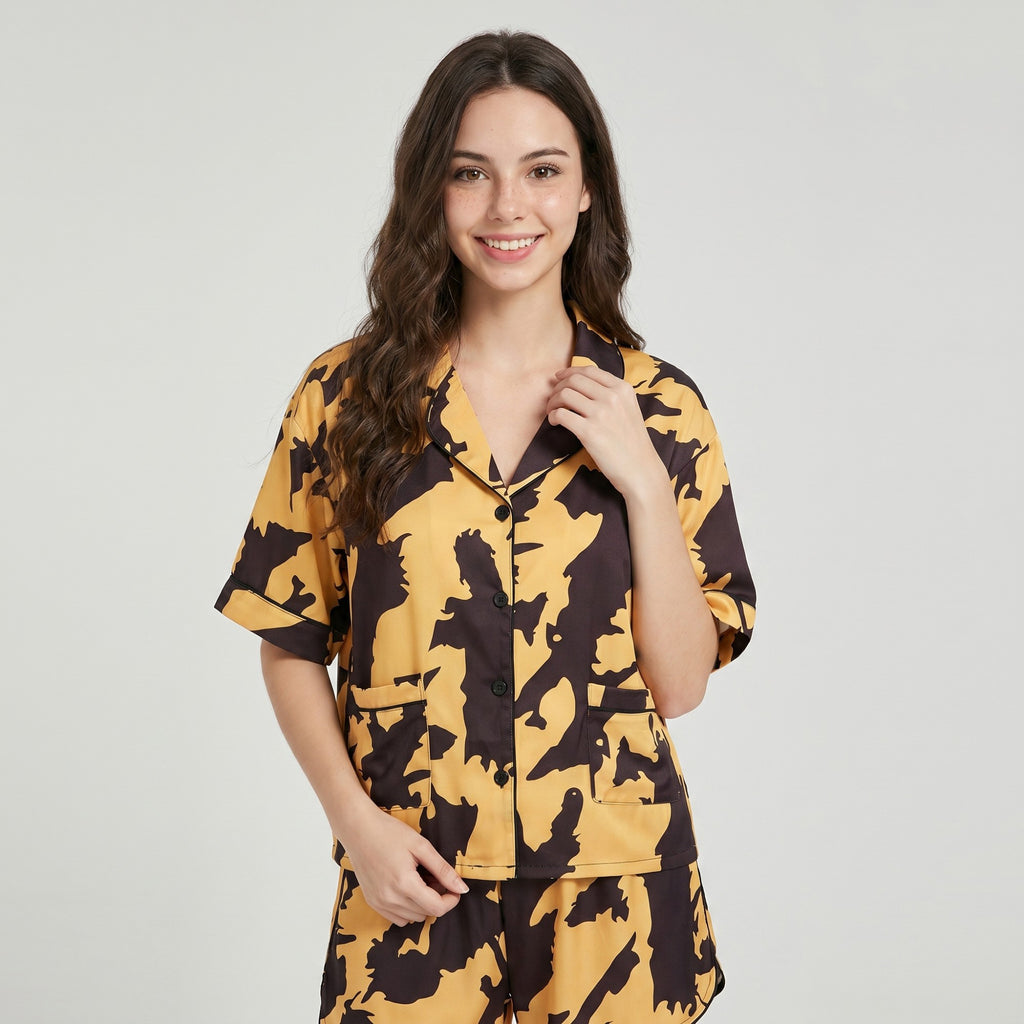 Anna-Kaci Lounge Women's 2-Piece Abstract Print Short Pajama Set with Button Front Top and Matching Shorts