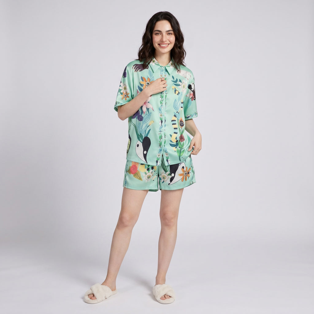 Anna-Kaci Lounge Women's 2-Piece Botanical Short Pajama Set with Button Front Top and Matching Shorts
