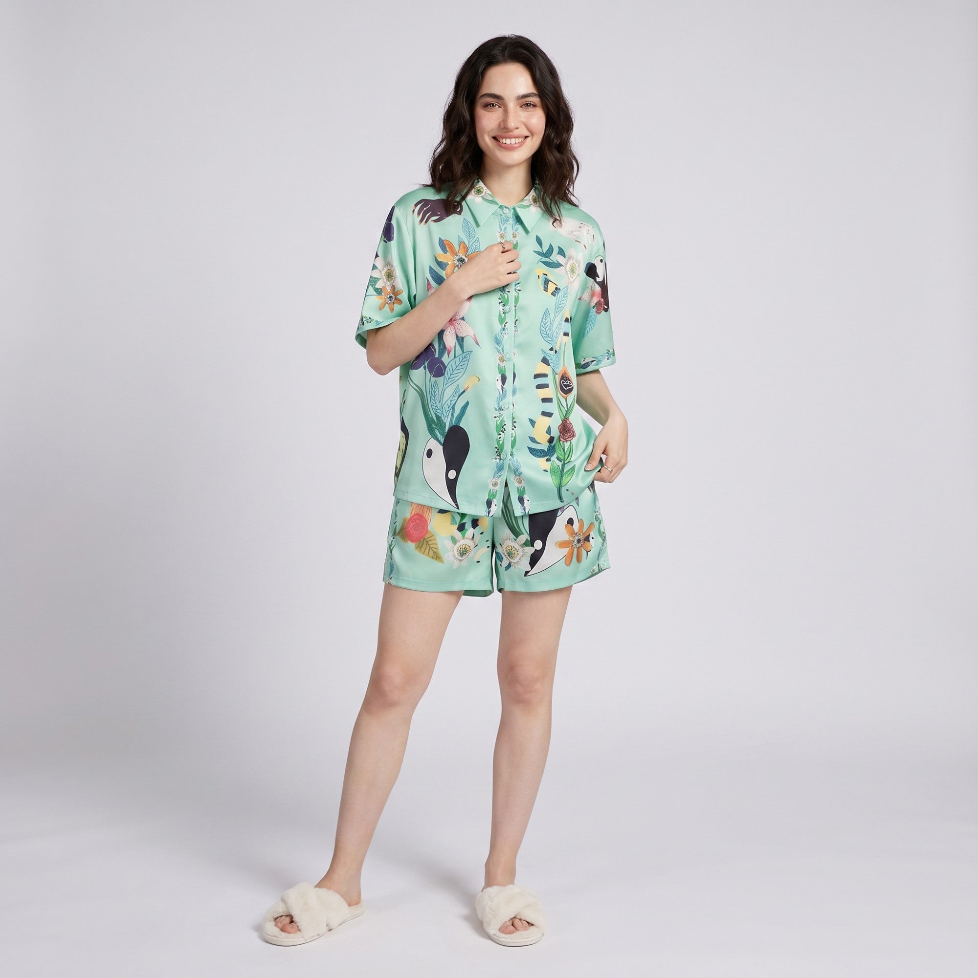 Anna-Kaci Lounge Women's 2-Piece Botanical Short Pajama Set with Button Front Top and Matching Shorts