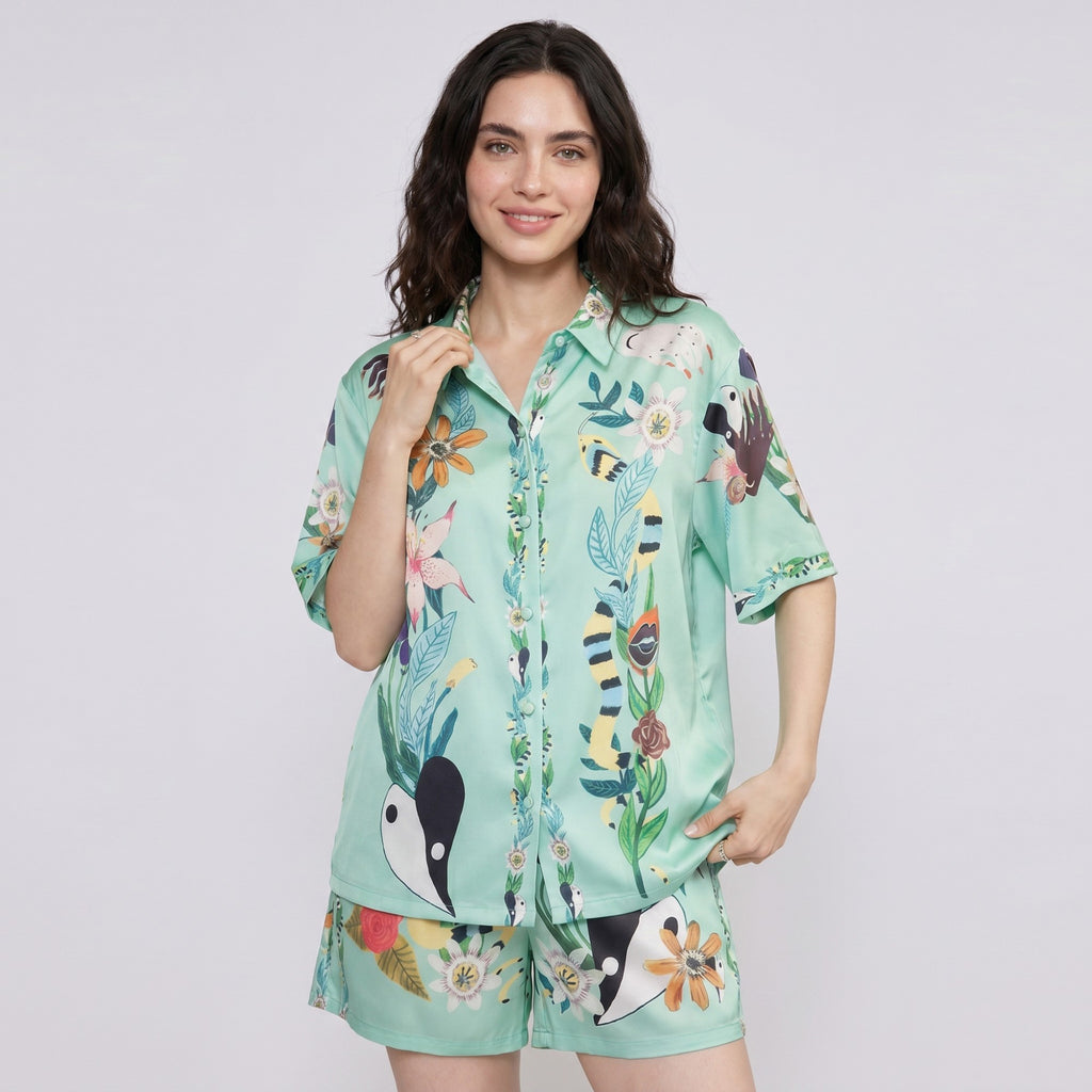 Anna-Kaci Lounge Women's 2-Piece Botanical Short Pajama Set with Button Front Top and Matching Shorts