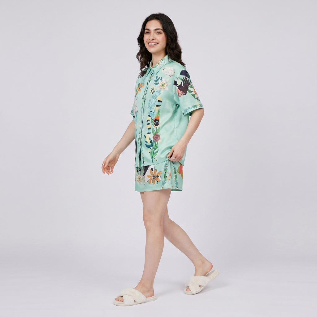 Anna-Kaci Lounge Women's 2-Piece Botanical Short Pajama Set with Button Front Top and Matching Shorts