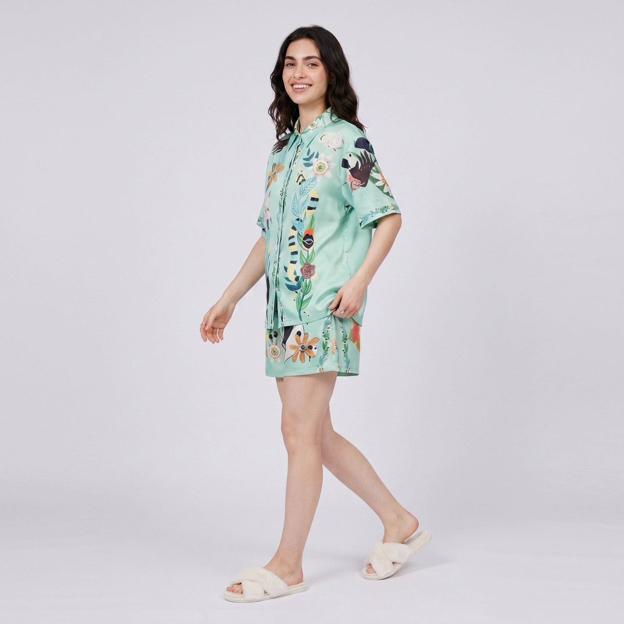 Anna-Kaci Lounge Women's 2-Piece Botanical Short Pajama Set with Button Front Top and Matching Shorts