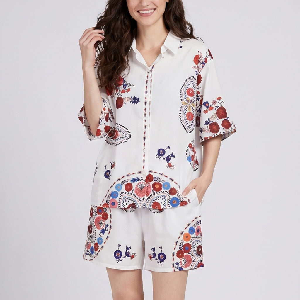Anna-Kaci Lounge Women's 2-Piece Paisley Floral Short Pajama Set with Button Top and Matching Shorts