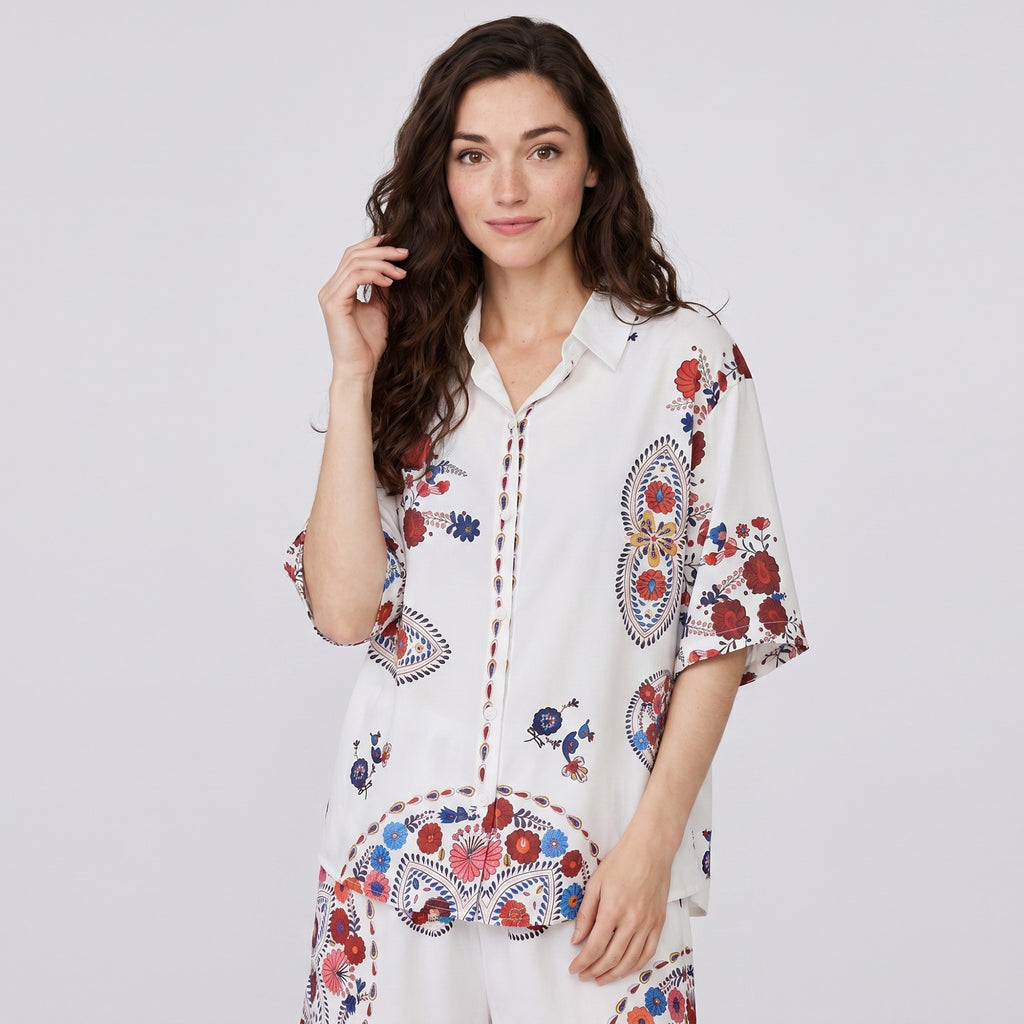 Anna-Kaci Lounge Women's 2-Piece Paisley Floral Short Pajama Set with Button Top and Matching Shorts