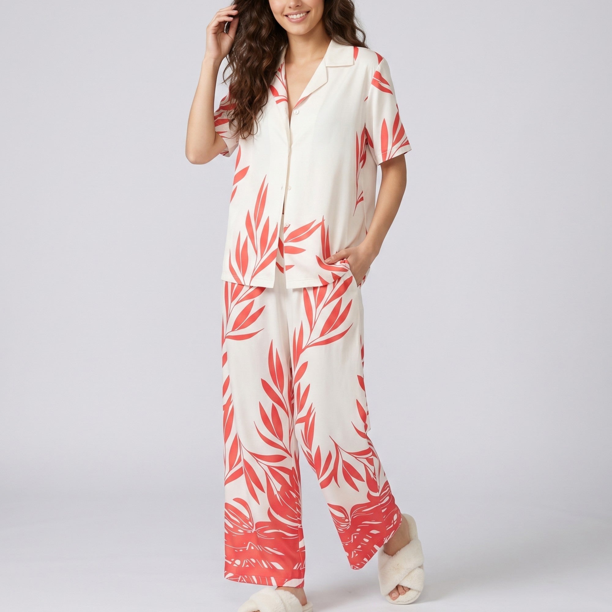Anna-Kaci Lounge Women's 2-Piece Botanical Print Pajama Set with Short Sleeve Button Top and Wide Leg Pants