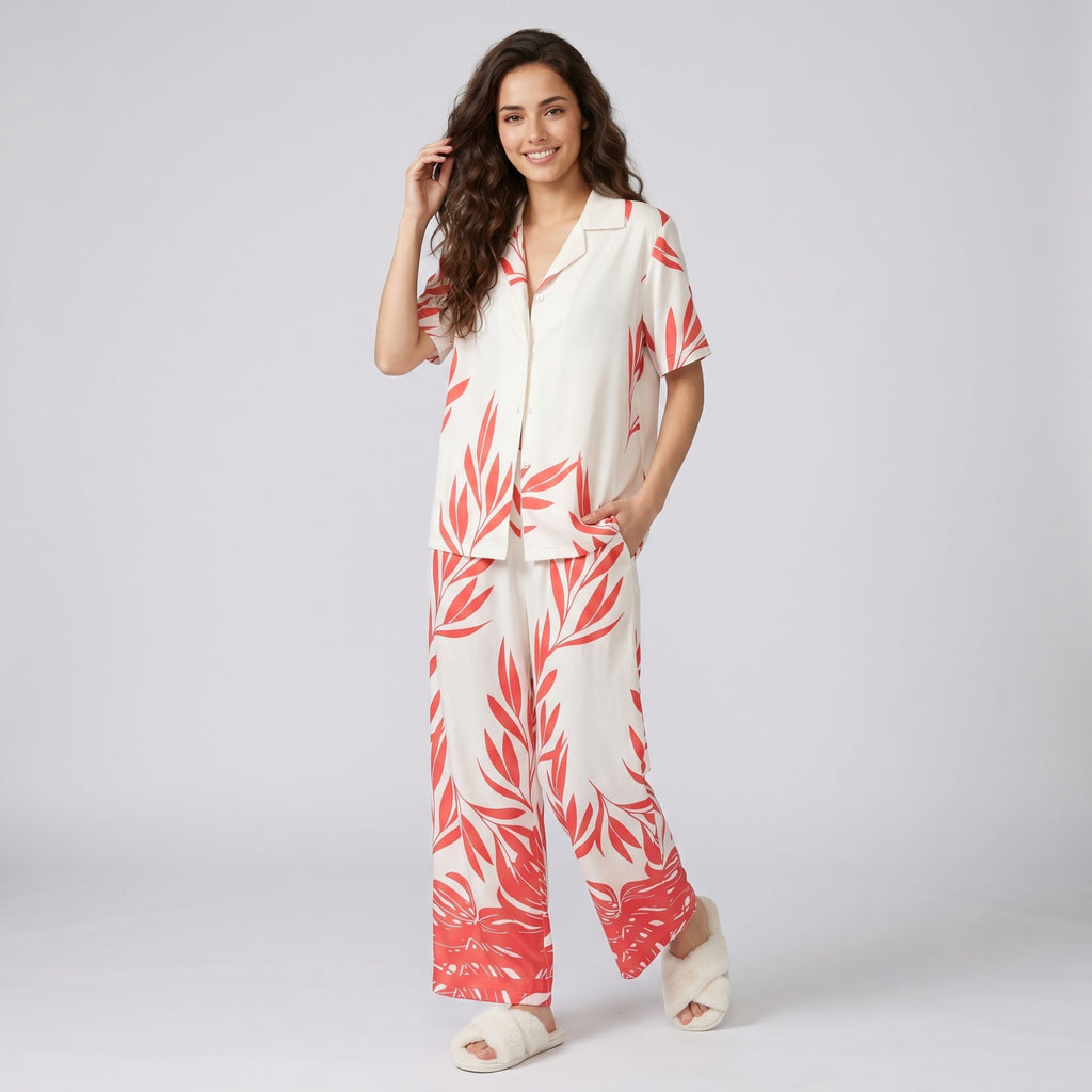 Anna-Kaci Lounge Women's 2-Piece Botanical Print Pajama Set with Short Sleeve Button Top and Wide Leg Pants