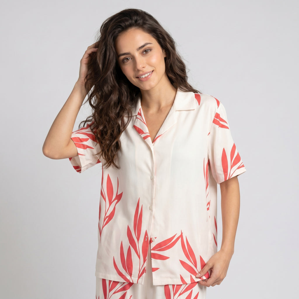 Anna-Kaci Lounge Women's 2-Piece Botanical Print Pajama Set with Short Sleeve Button Top and Wide Leg Pants