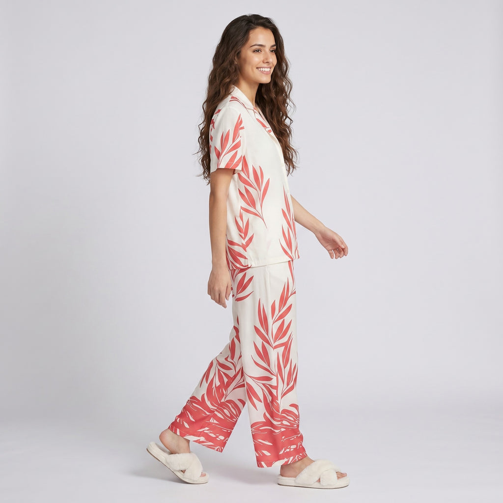 Anna-Kaci Lounge Women's 2-Piece Botanical Print Pajama Set with Short Sleeve Button Top and Wide Leg Pants
