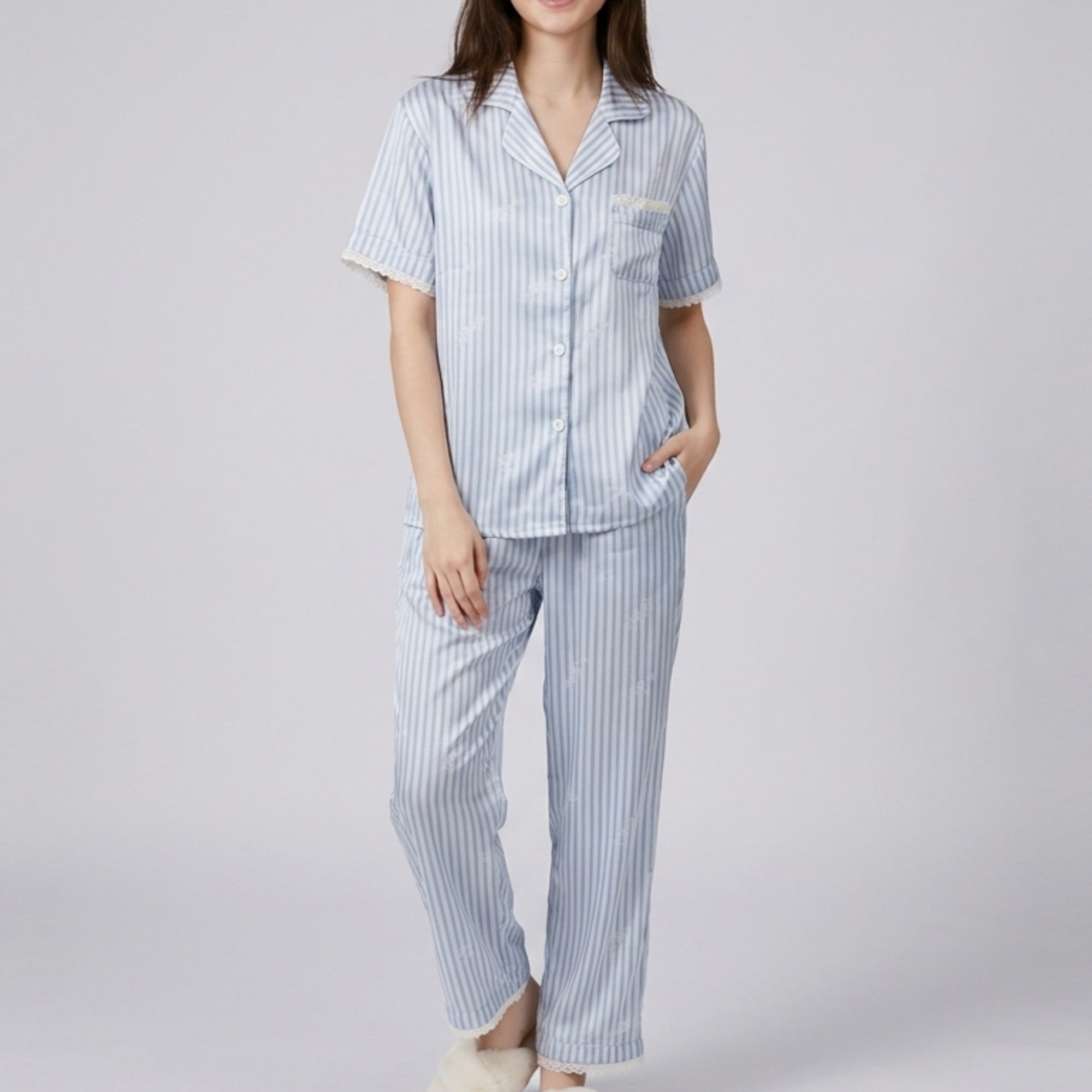Anna-Kaci Lounge Women's 2-Piece Striped Pajama Set with Short Sleeve Button Top and Wide Leg Pants