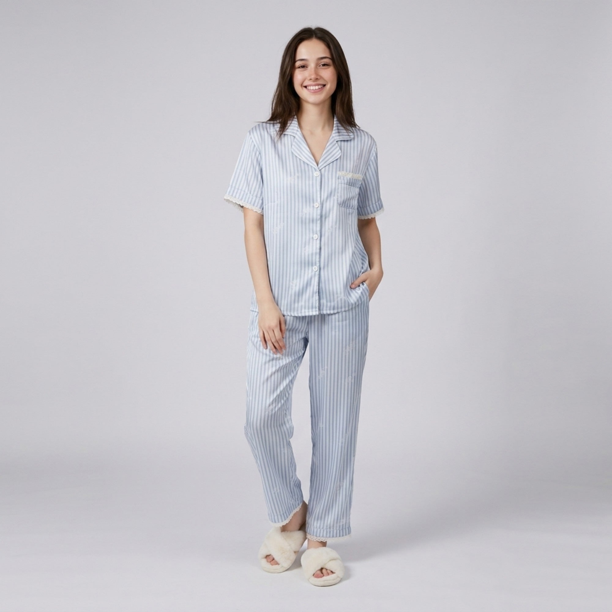 Anna-Kaci Lounge Women's 2-Piece Striped Pajama Set with Short Sleeve Button Top and Wide Leg Pants