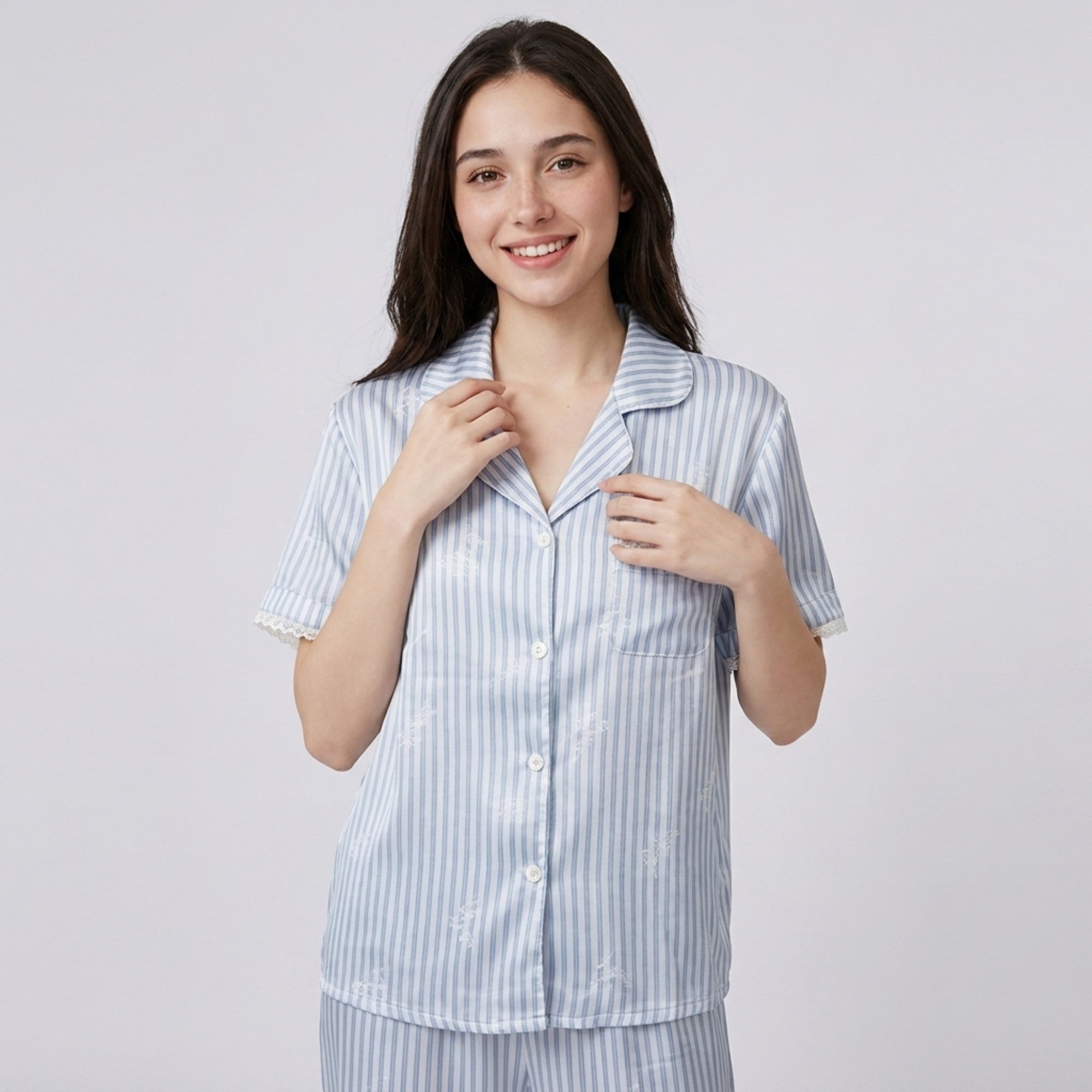 Anna-Kaci Lounge Women's 2-Piece Striped Pajama Set with Short Sleeve Button Top and Wide Leg Pants