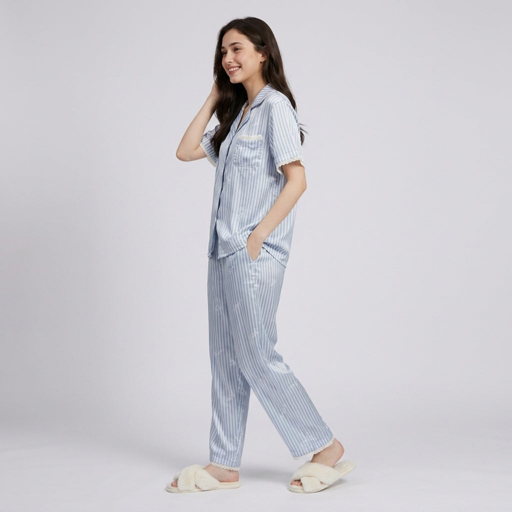 Anna-Kaci Lounge Women's 2-Piece Striped Pajama Set with Short Sleeve Button Top and Wide Leg Pants