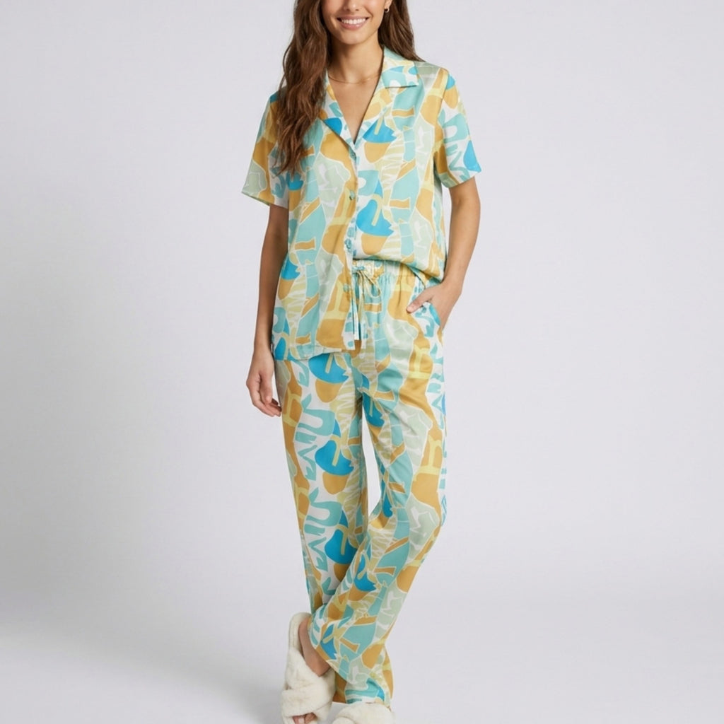 Anna-Kaci Lounge Women's 2-Piece Abstract Print Pajama Set with Short Sleeve Button Top and Wide Leg Pants