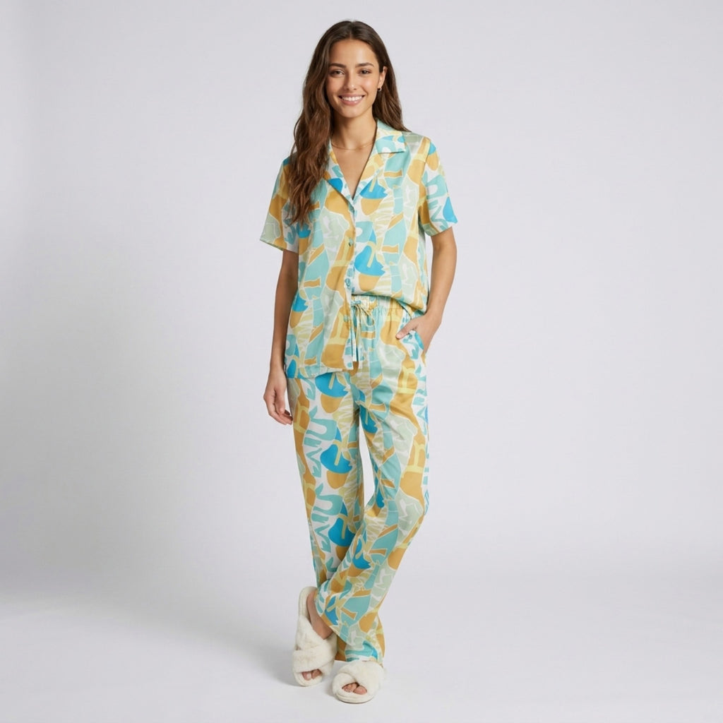 Anna-Kaci Lounge Women's 2-Piece Abstract Print Pajama Set with Short Sleeve Button Top and Wide Leg Pants