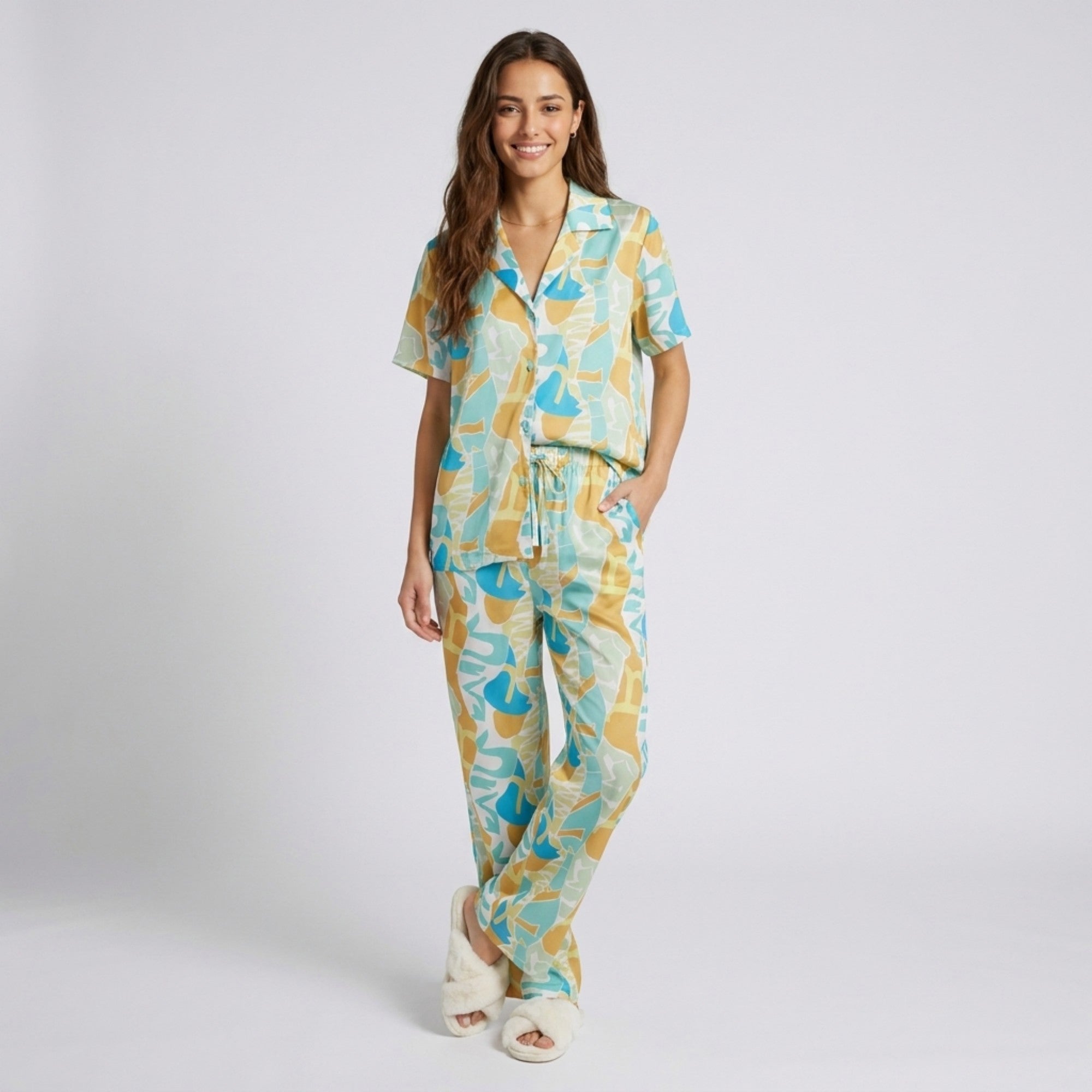 Anna-Kaci Lounge Women's 2-Piece Abstract Print Pajama Set with Short Sleeve Button Top and Wide Leg Pants