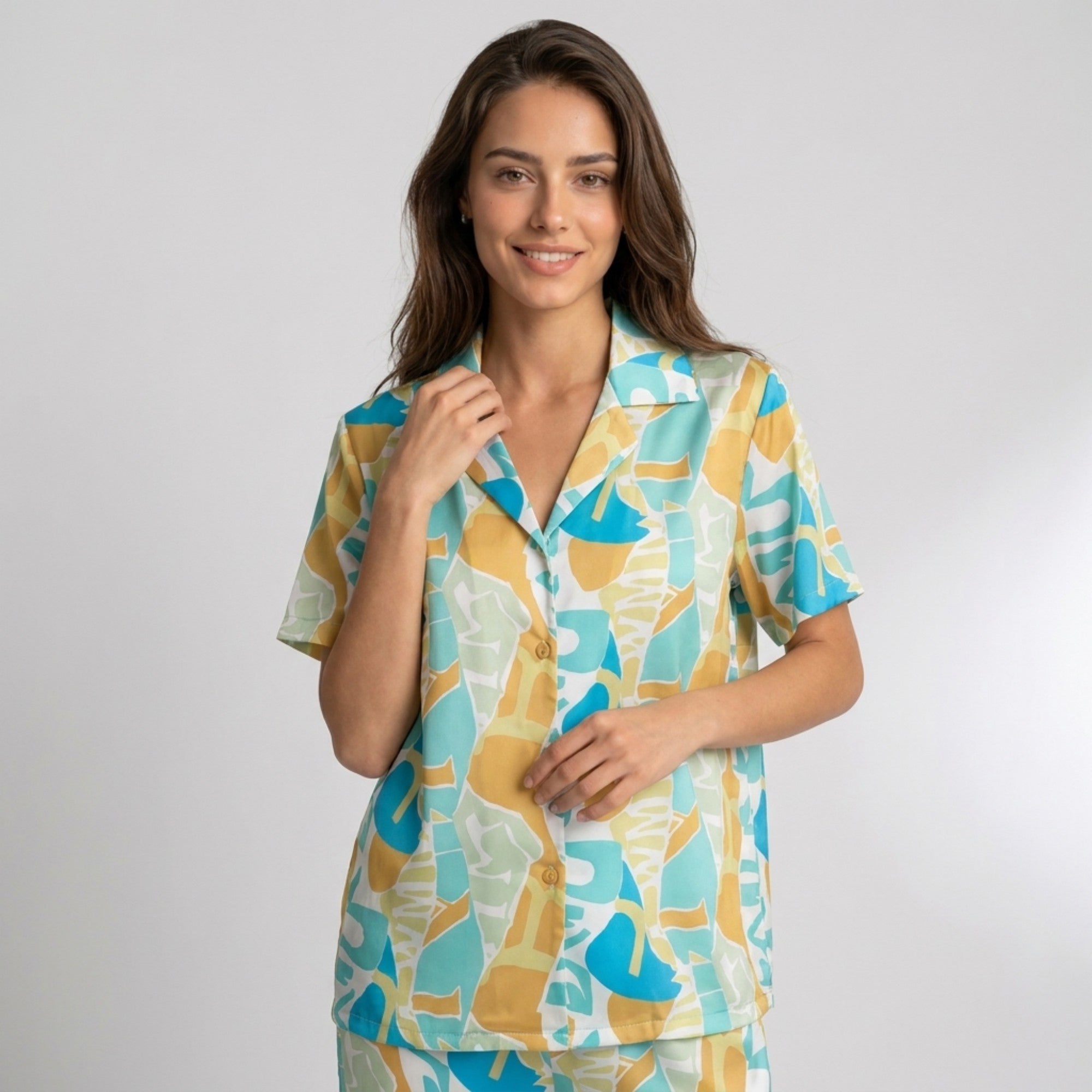 Anna-Kaci Lounge Women's 2-Piece Abstract Print Pajama Set with Short Sleeve Button Top and Wide Leg Pants