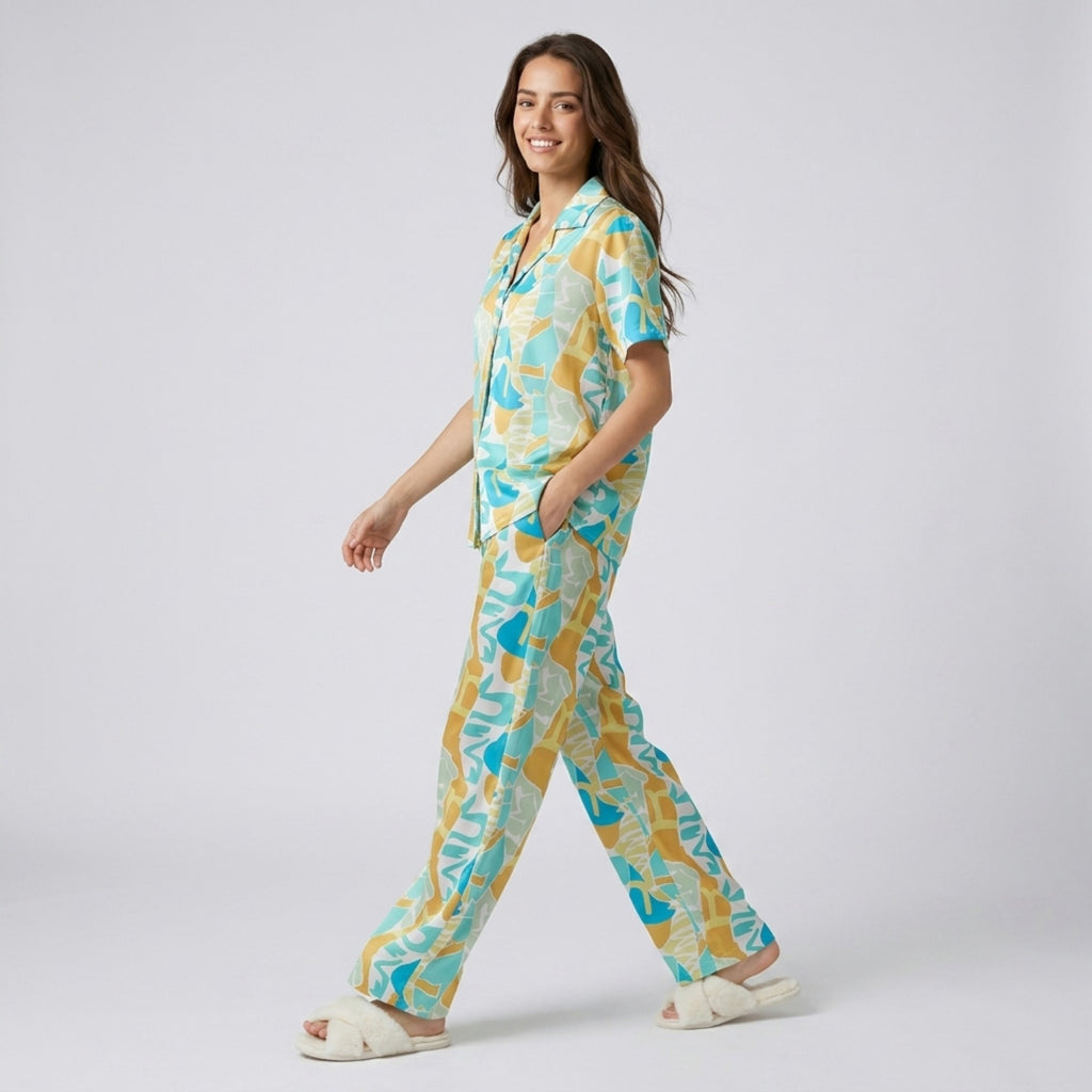 Anna-Kaci Lounge Women's 2-Piece Abstract Print Pajama Set with Short Sleeve Button Top and Wide Leg Pants