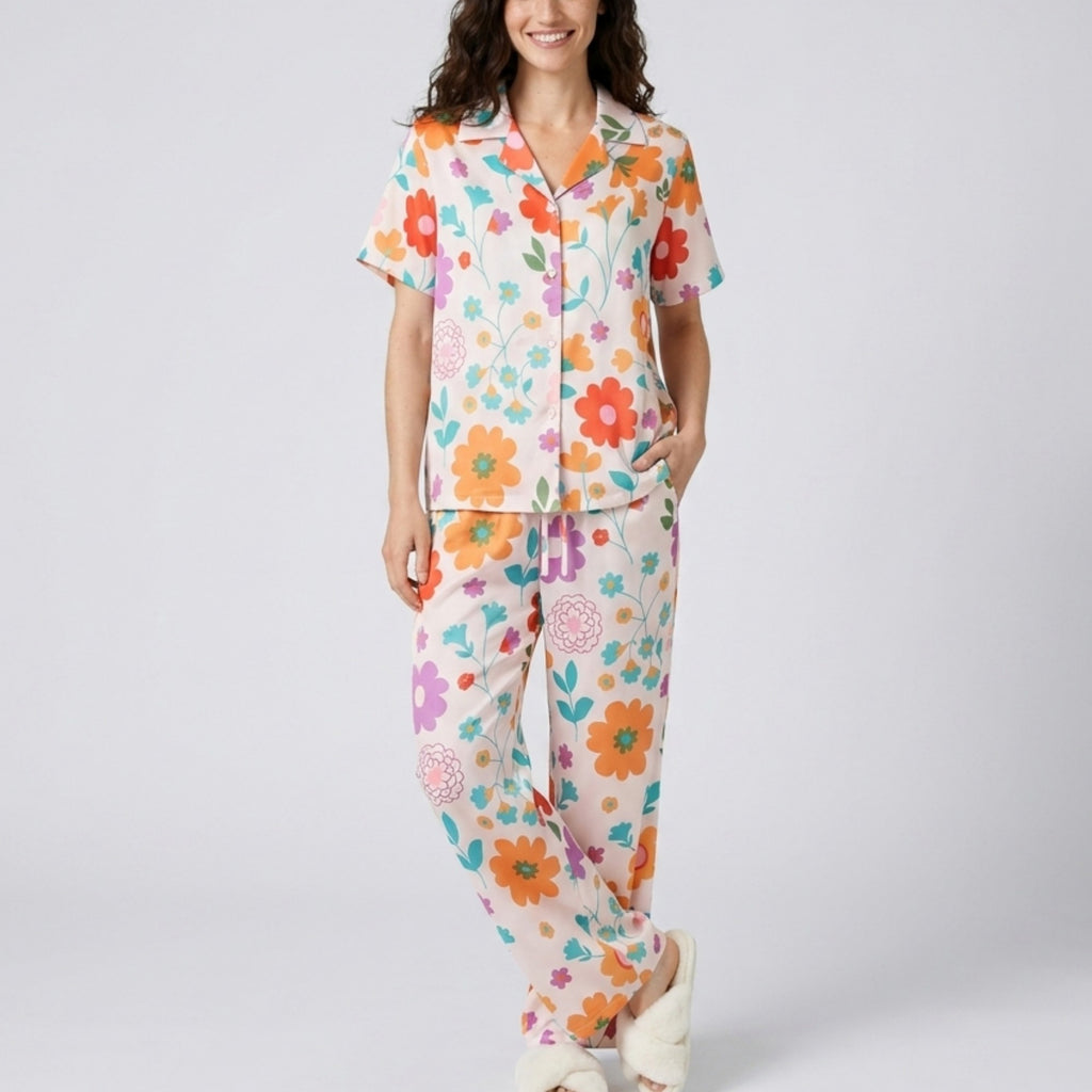 Anna-Kaci Lounge Women's 2-Piece Floral Pajama Set with Short Sleeve Button Top and Wide Leg Pants
