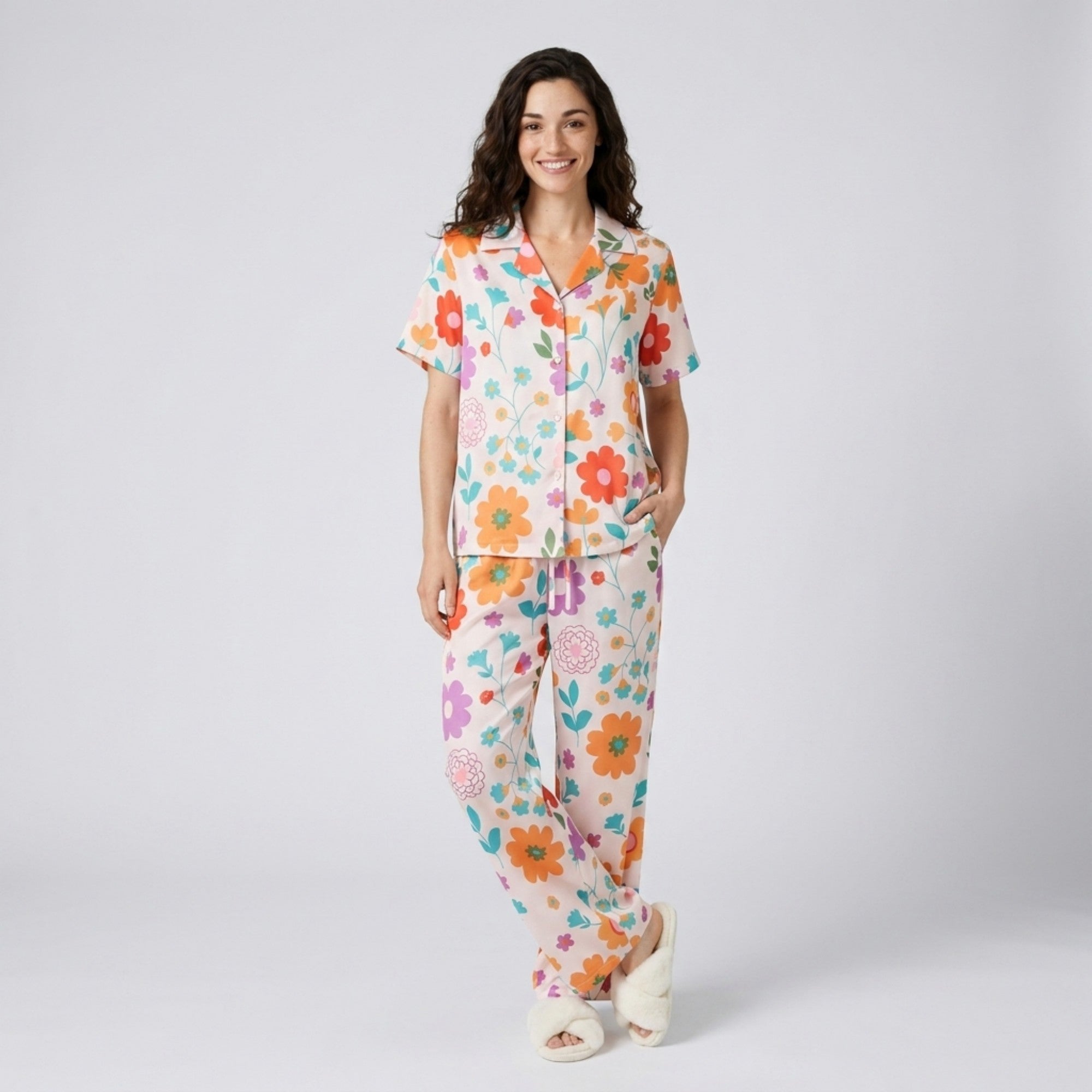 Anna-Kaci Lounge Women's 2-Piece Floral Pajama Set with Short Sleeve Button Top and Wide Leg Pants