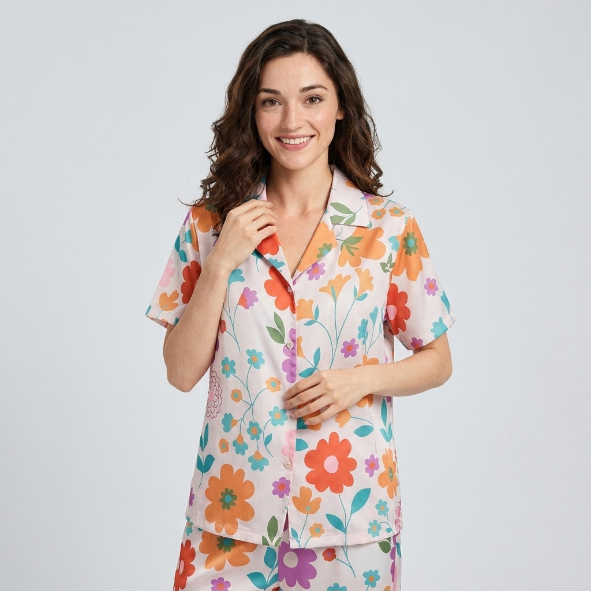 Anna-Kaci Lounge Women's 2-Piece Floral Pajama Set with Short Sleeve Button Top and Wide Leg Pants