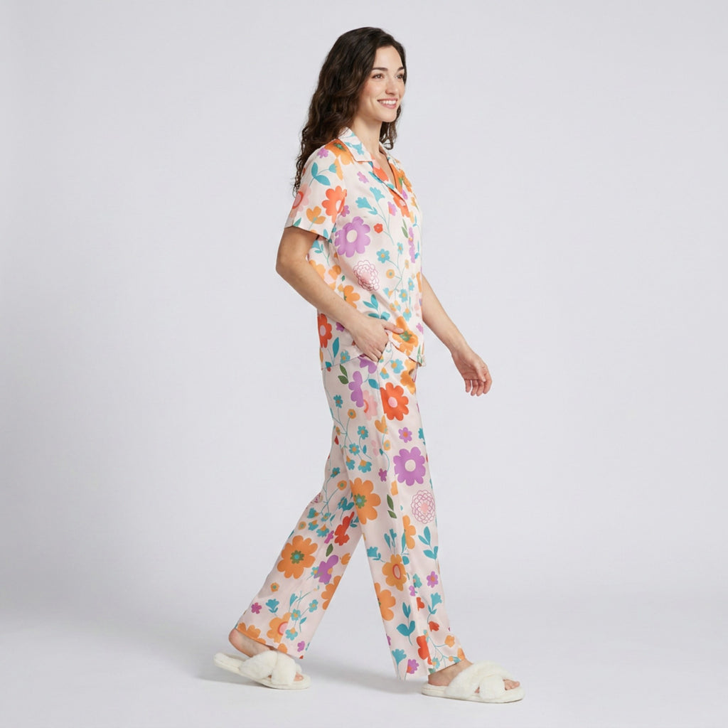 Anna-Kaci Lounge Women's 2-Piece Floral Pajama Set with Short Sleeve Button Top and Wide Leg Pants