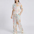 Anna-Kaci Lounge Women's 2-Piece Soft Floral Pajama Set with Short Sleeve Button Top and Wide Leg Pants