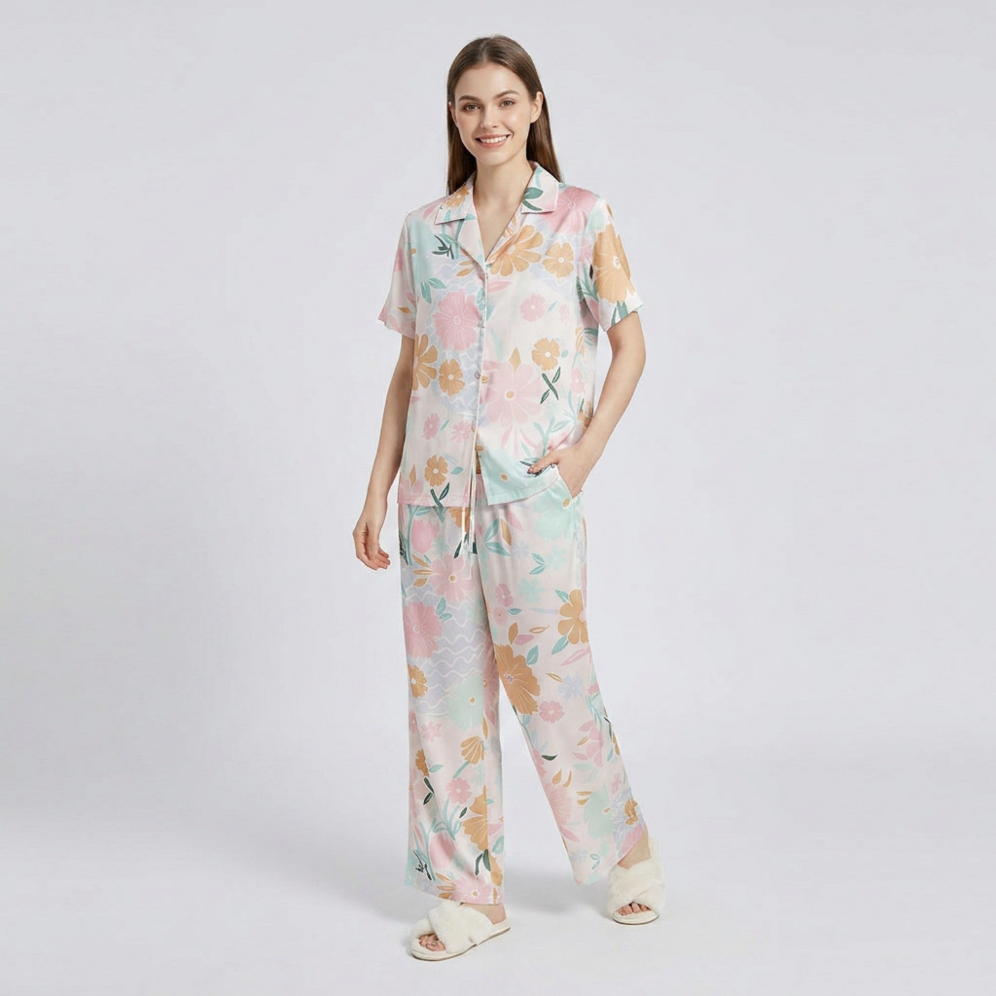 Anna-Kaci Lounge Women's 2-Piece Soft Floral Pajama Set with Short Sleeve Button Top and Wide Leg Pants