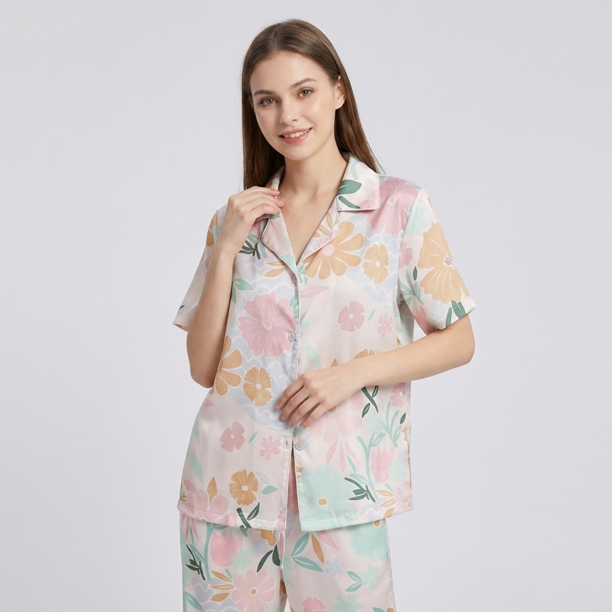 Anna-Kaci Lounge Women's 2-Piece Soft Floral Pajama Set with Short Sleeve Button Top and Wide Leg Pants