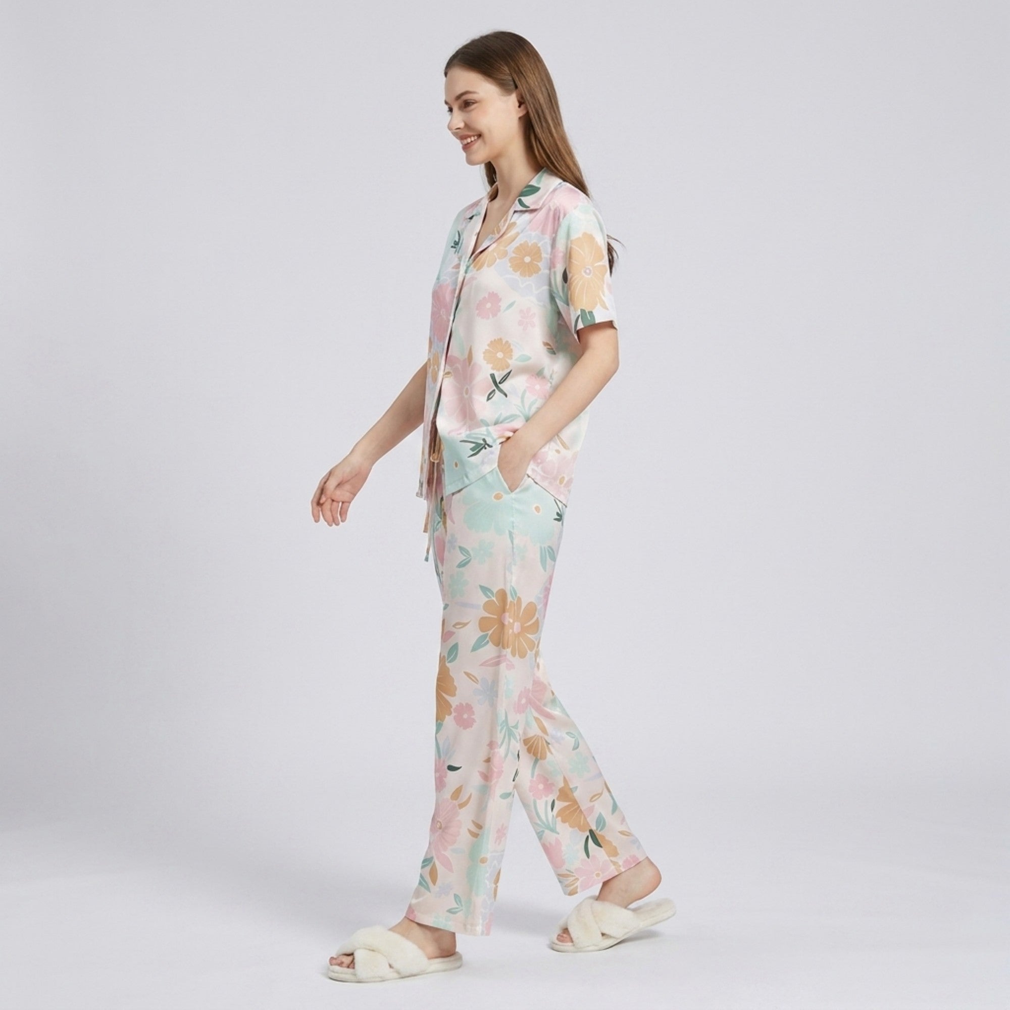 Anna-Kaci Lounge Women's 2-Piece Soft Floral Pajama Set with Short Sleeve Button Top and Wide Leg Pants