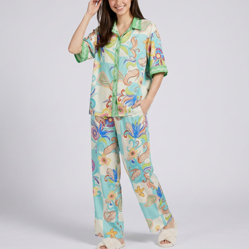 Anna-Kaci Lounge Women's 2-Piece Paisley Floral Pajama Set with Short Sleeve Button Top and Wide Leg Pants