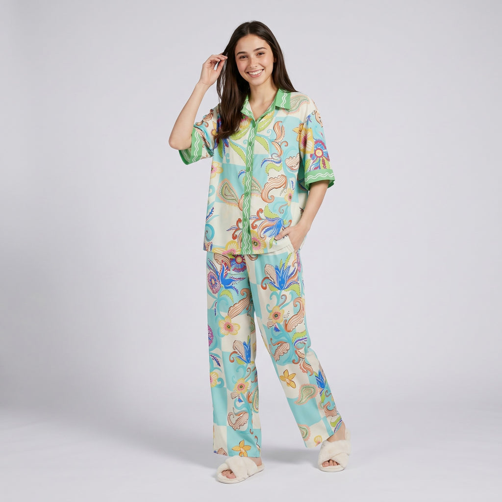 Anna-Kaci Lounge Women's 2-Piece Paisley Floral Pajama Set with Short Sleeve Button Top and Wide Leg Pants
