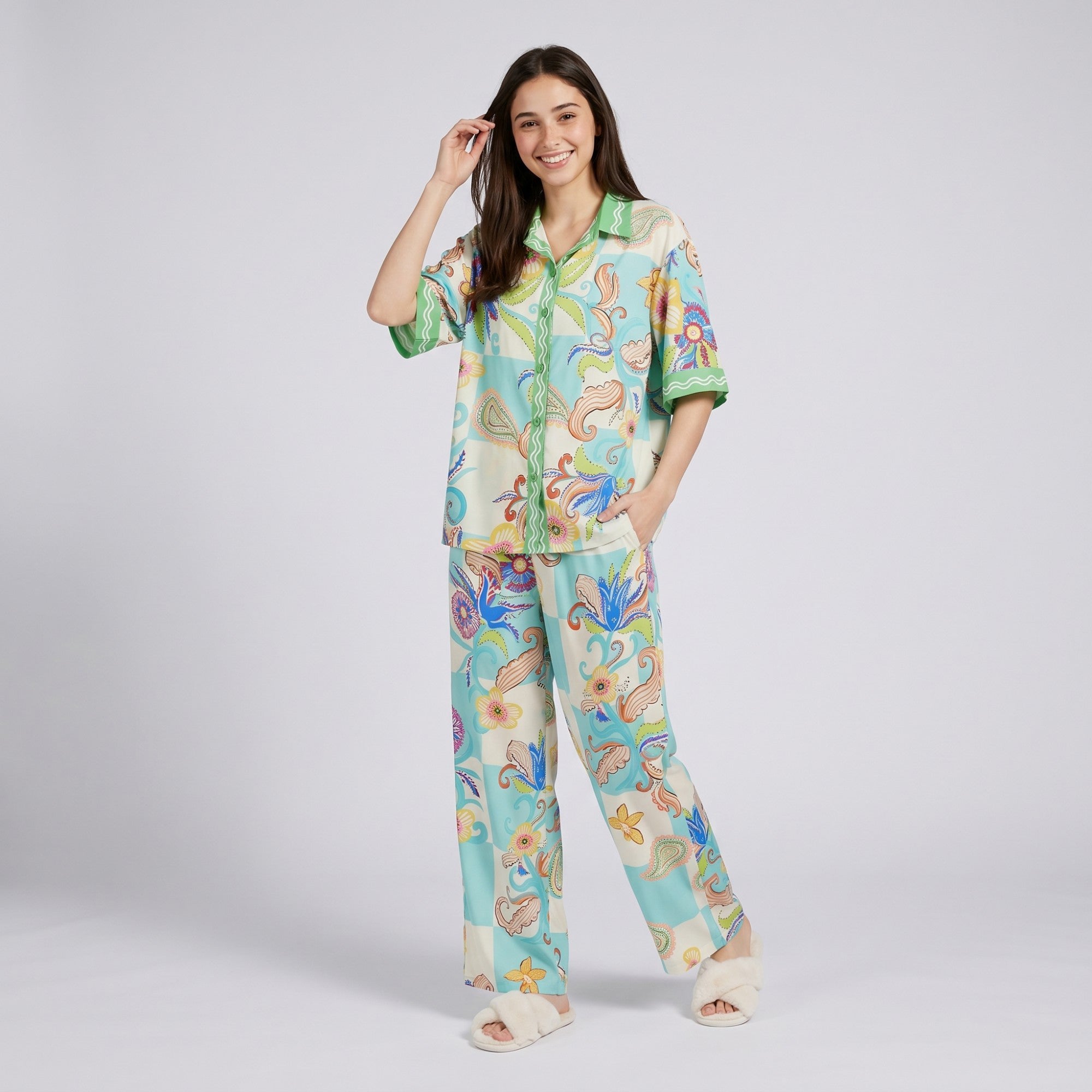 Anna-Kaci Lounge Women's 2-Piece Paisley Floral Pajama Set with Short Sleeve Button Top and Wide Leg Pants