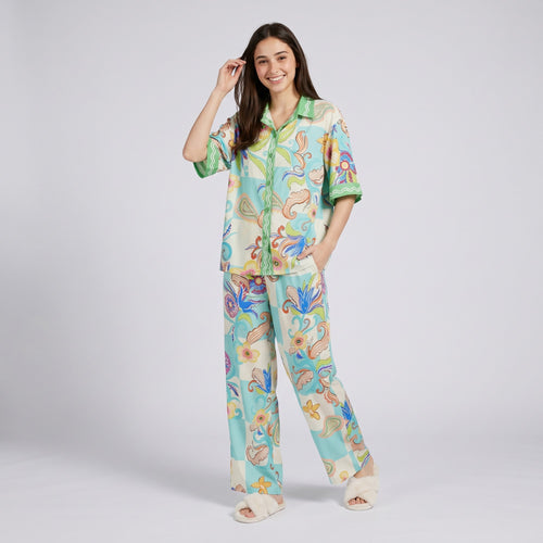 Anna-Kaci Lounge Women's 2-Piece Paisley Floral Pajama Set with Short Sleeve Button Top and Wide Leg Pants