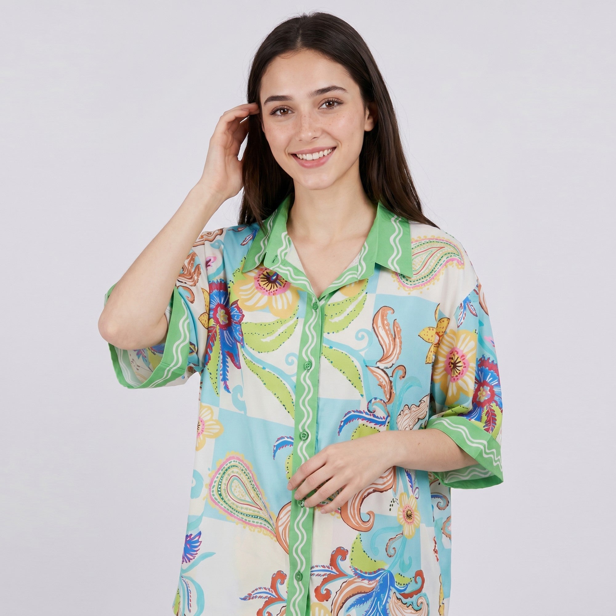 Anna-Kaci Lounge Women's 2-Piece Paisley Floral Pajama Set with Short Sleeve Button Top and Wide Leg Pants