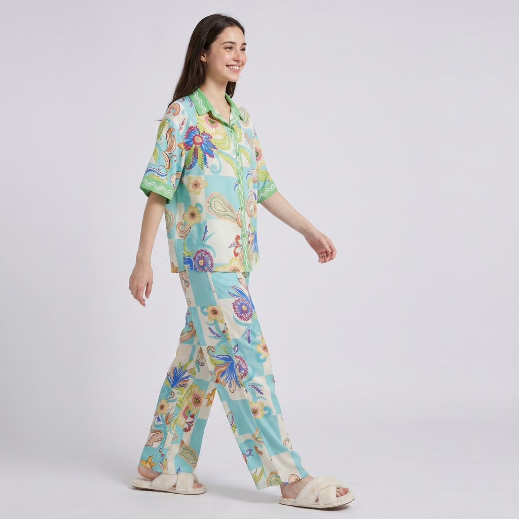 Anna-Kaci Lounge Women's 2-Piece Paisley Floral Pajama Set with Short Sleeve Button Top and Wide Leg Pants