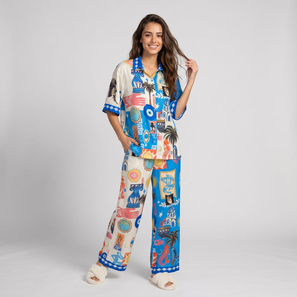 Anna-Kaci Lounge Women's 2-Piece Travel Print Pajama Set with Short Sleeve Button Top and Wide Leg Pants