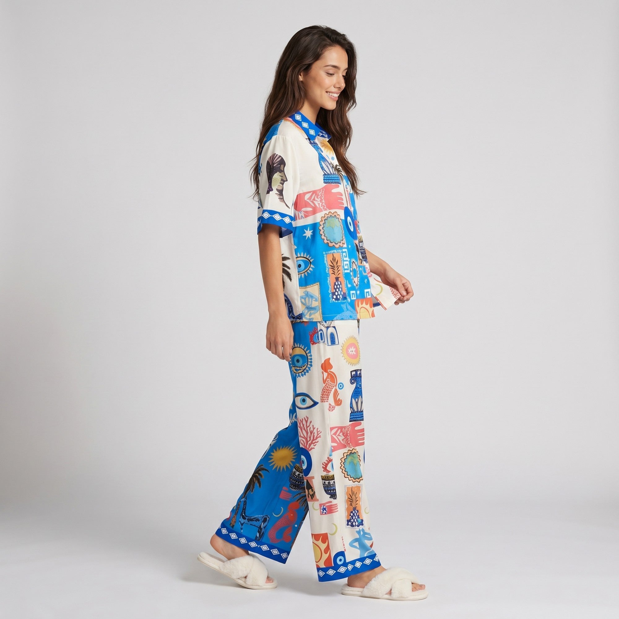 Anna-Kaci Lounge Women's 2-Piece Travel Print Pajama Set with Short Sleeve Button Top and Wide Leg Pants