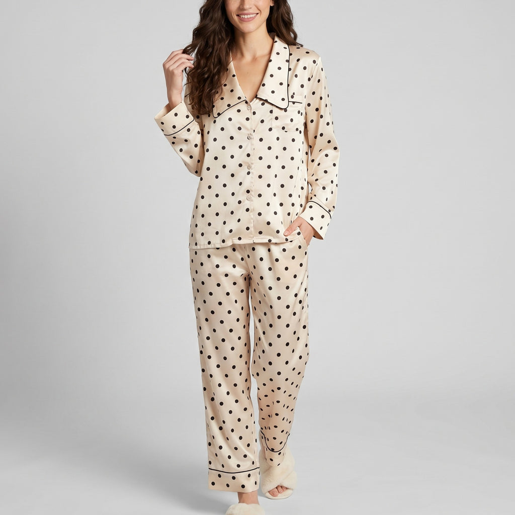 Anna-Kaci Lounge Women's 2-Piece Polka Dot Pajama Set with Button Front Top and Wide Leg Pants