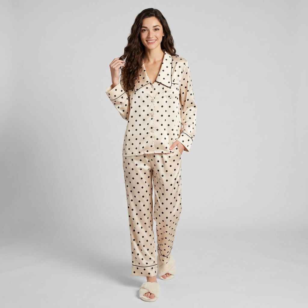 Anna-Kaci Lounge Women's 2-Piece Polka Dot Pajama Set with Button Front Top and Wide Leg Pants