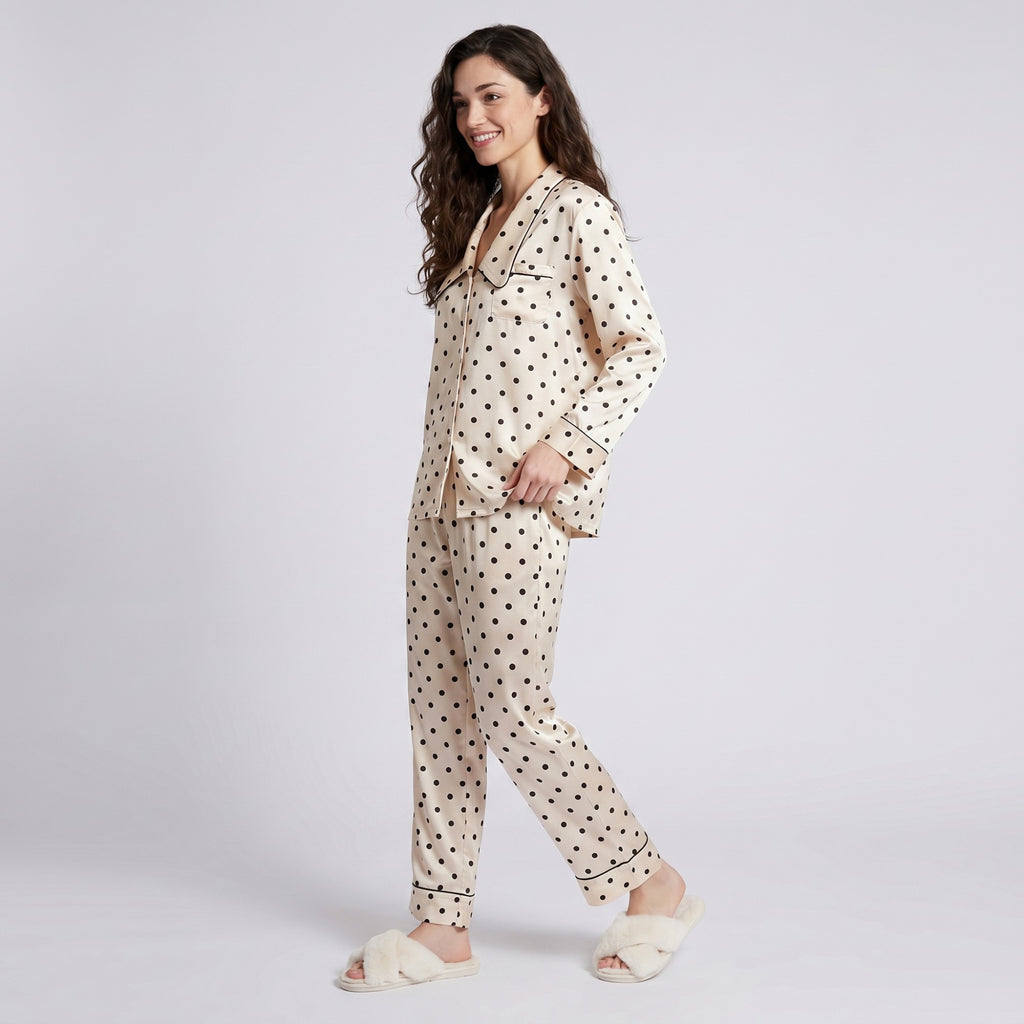 Anna-Kaci Lounge Women's 2-Piece Polka Dot Pajama Set with Button Front Top and Wide Leg Pants