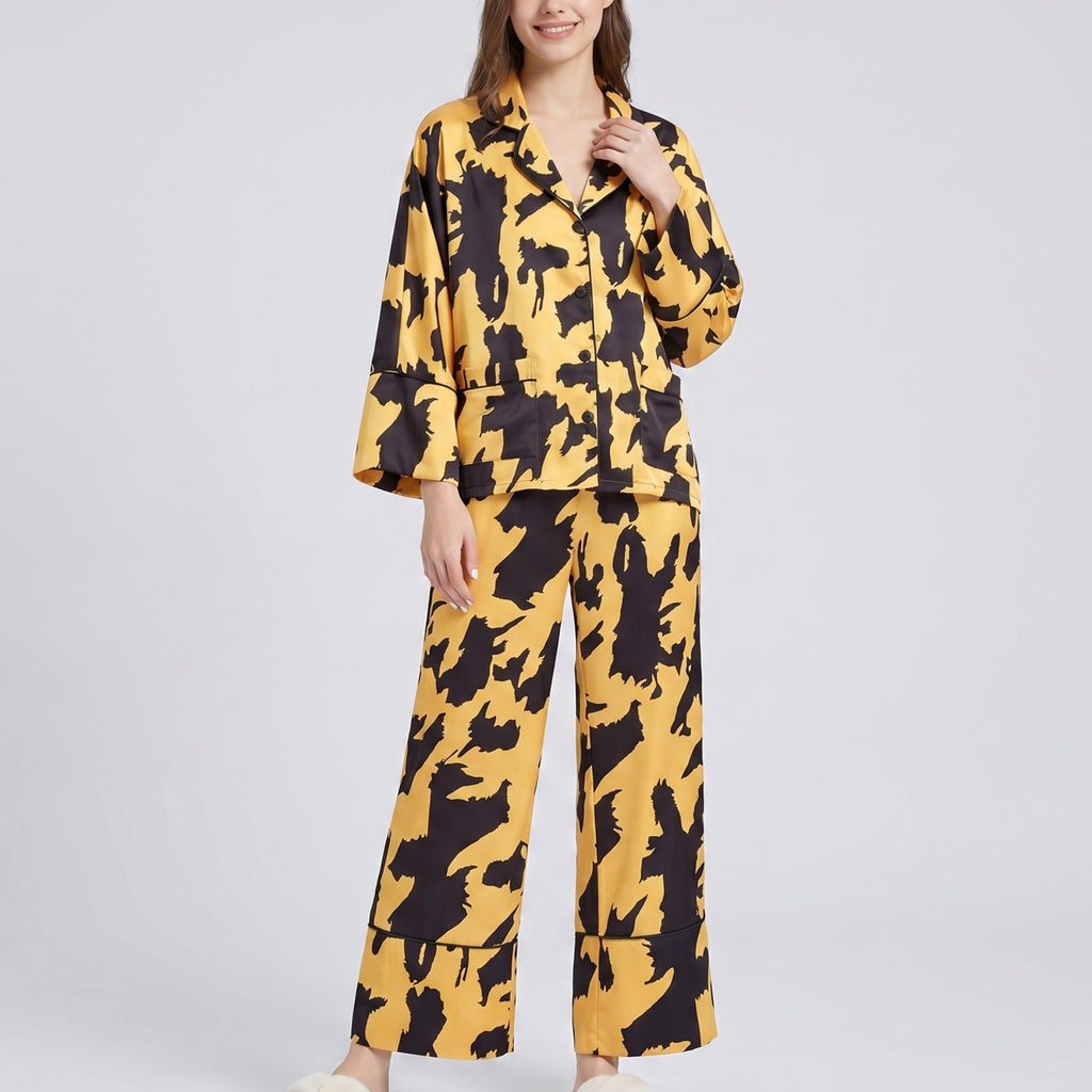 Anna-Kaci Lounge Women's 2-Piece Abstract Print Pajama Set with Button Front Top and Wide Leg Pants