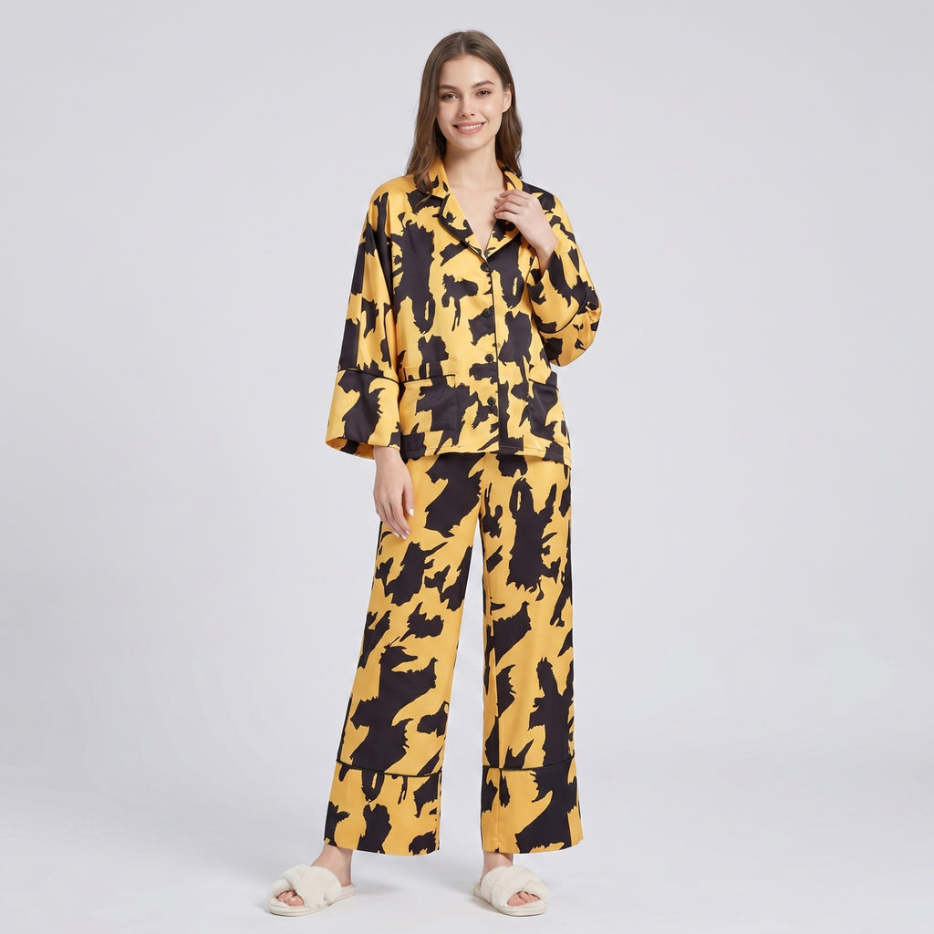 Anna-Kaci Lounge Women's 2-Piece Abstract Print Pajama Set with Button Front Top and Wide Leg Pants