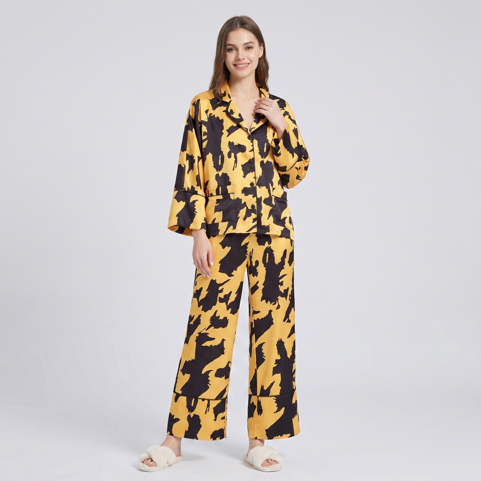 Anna-Kaci Lounge Women's 2-Piece Abstract Print Pajama Set with Button Front Top and Wide Leg Pants