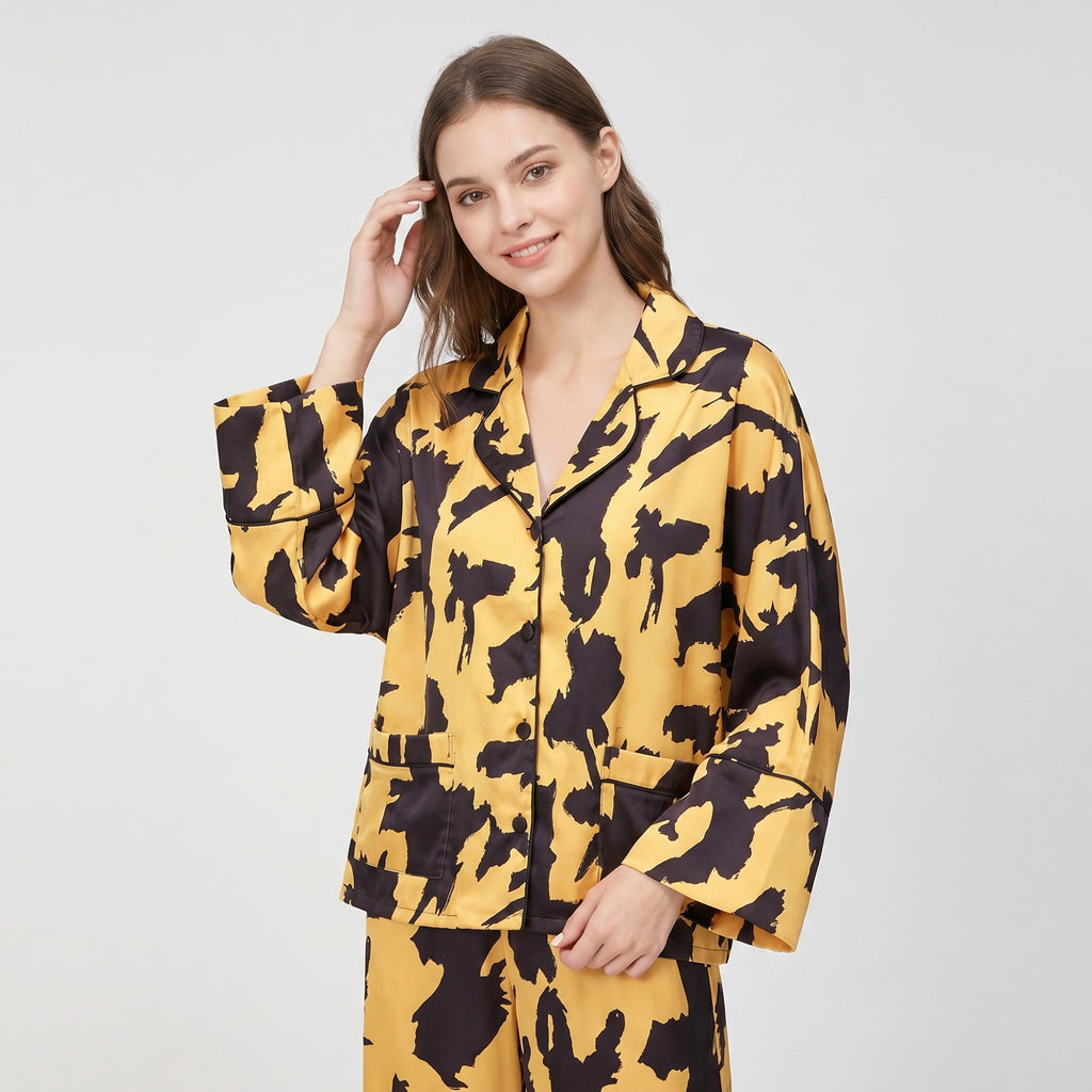Anna-Kaci Lounge Women's 2-Piece Abstract Print Pajama Set with Button Front Top and Wide Leg Pants