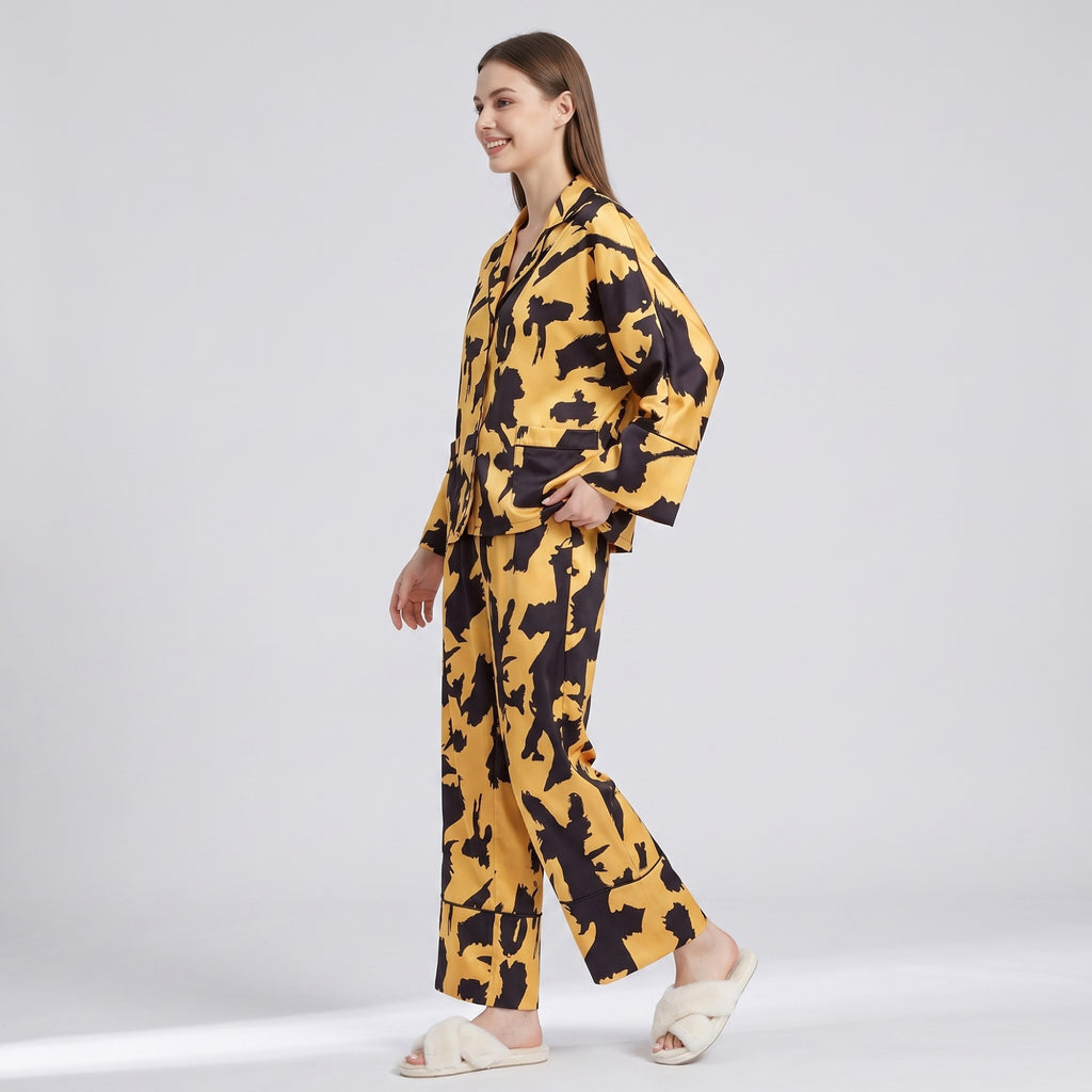 Anna-Kaci Lounge Women's 2-Piece Abstract Print Pajama Set with Button Front Top and Wide Leg Pants
