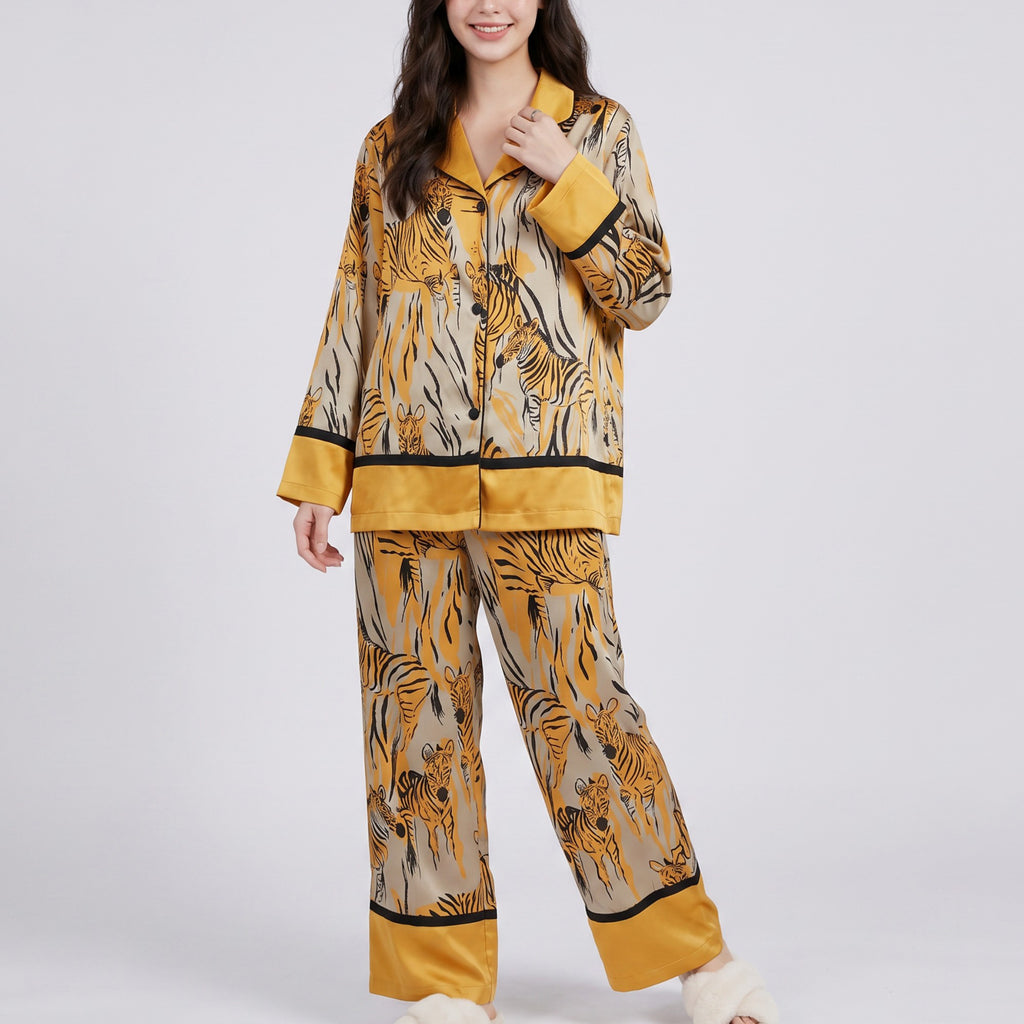 Anna-Kaci Lounge Women's 2-Piece Tiger Print Pajama Set with Button Front Top and Wide Leg Pants