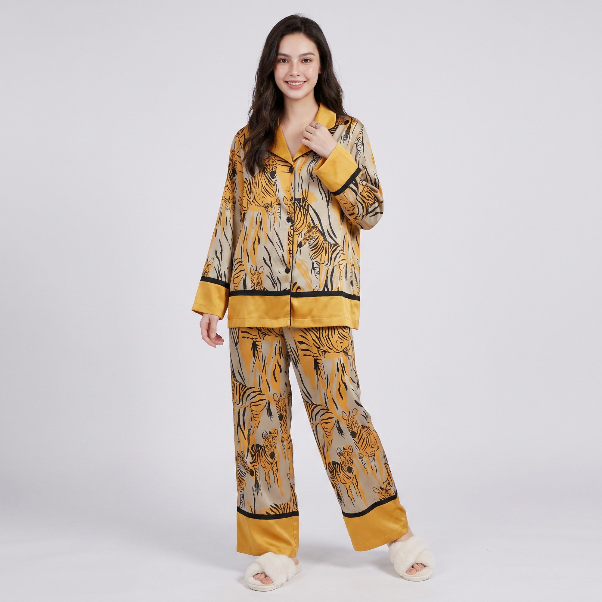 Anna-Kaci Lounge Women's 2-Piece Tiger Print Pajama Set with Button Front Top and Wide Leg Pants